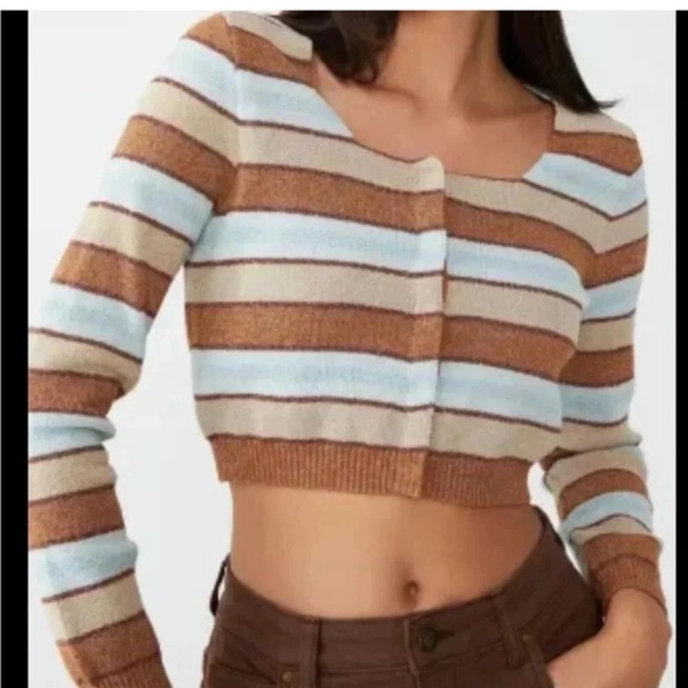 Cotton On Striped Brown & Blue Metallic Thread Knit Crop Cardigan (Free Tank)
